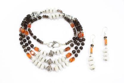 Natural Carnelian, Smoky Quartz & White Agate 3-Strand Cascading Gemstone Necklace and Earrings Set,32945