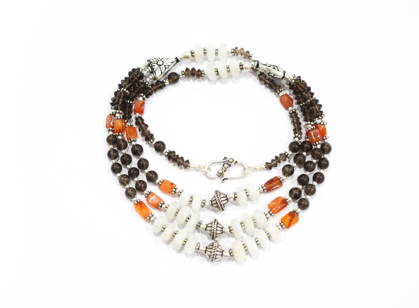Natural Carnelian, Smoky Quartz & White Agate 3-Strand Cascading Gemstone Necklace and Earrings Set,32945