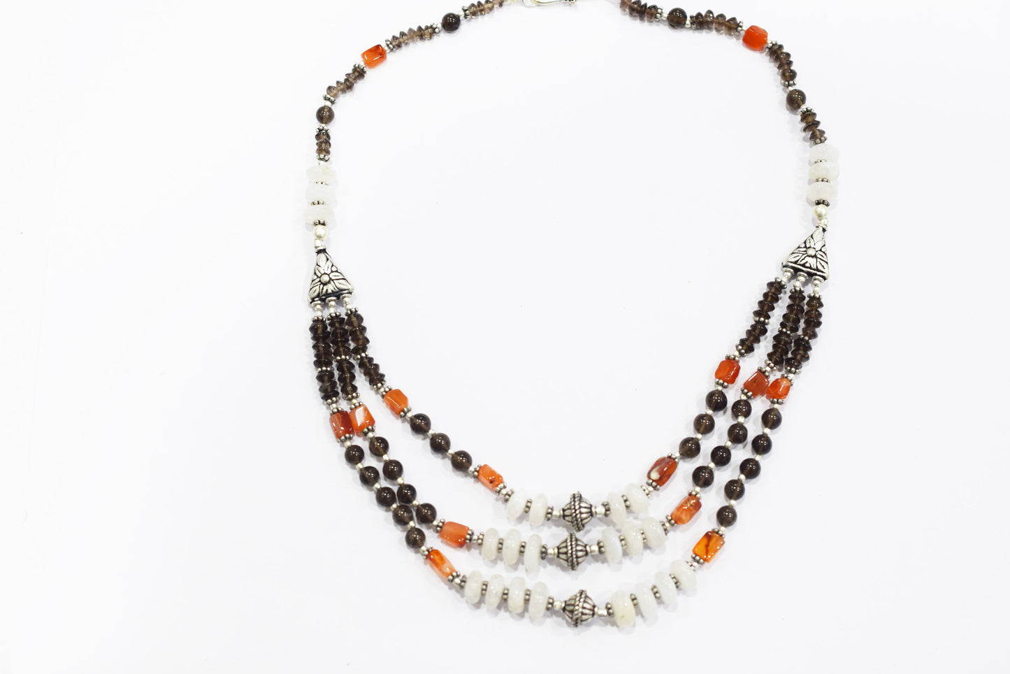 Natural Carnelian, Smoky Quartz & White Agate 3-Strand Cascading Gemstone Necklace and Earrings Set,32945
