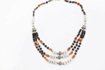 Natural Carnelian, Smoky Quartz & White Agate 3-Strand Cascading Gemstone Necklace and Earrings Set,32945
