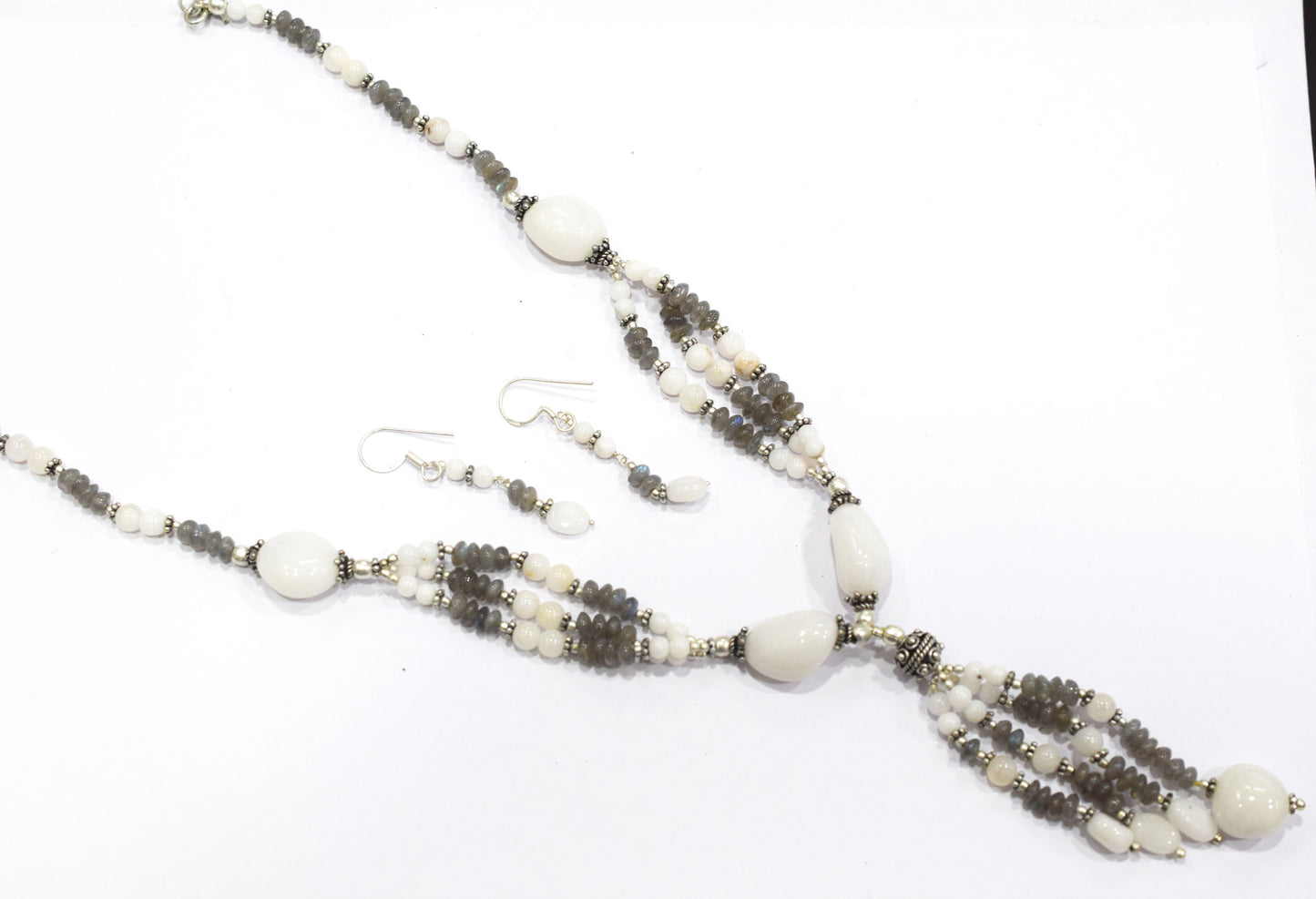 Natural Labradorite and White Agate Jewelry Set – Multi-Strand Statement Necklace & Earrings,32947