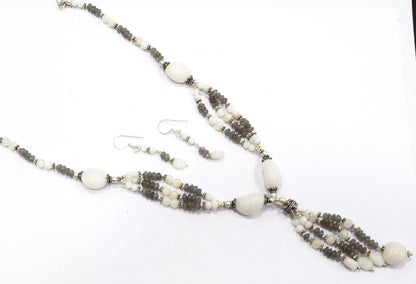 Natural Labradorite and White Agate Jewelry Set – Multi-Strand Statement Necklace & Earrings,32947