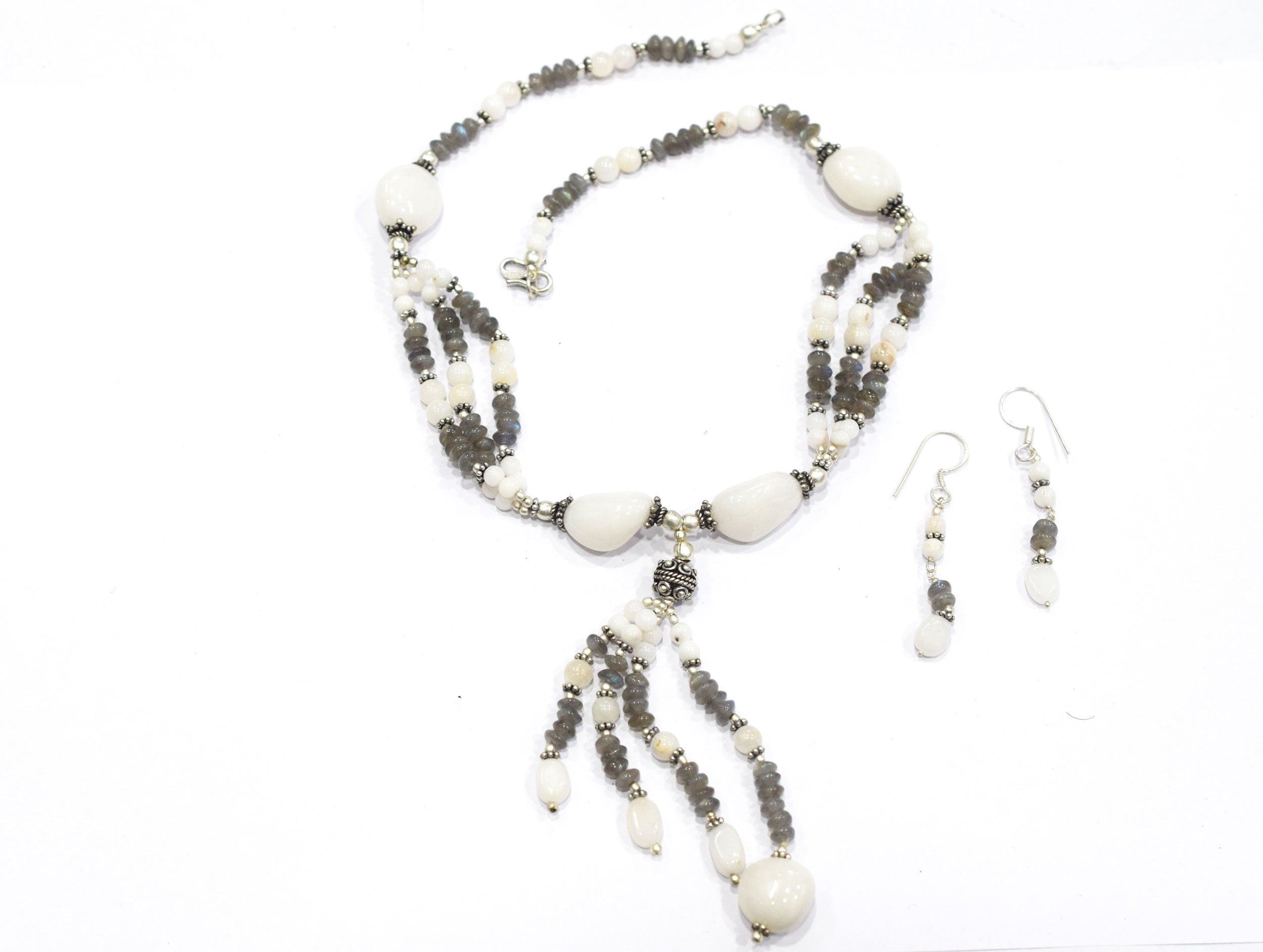 Natural Labradorite and White Agate Jewelry Set – Multi-Strand Statement Necklace & Earrings,32947