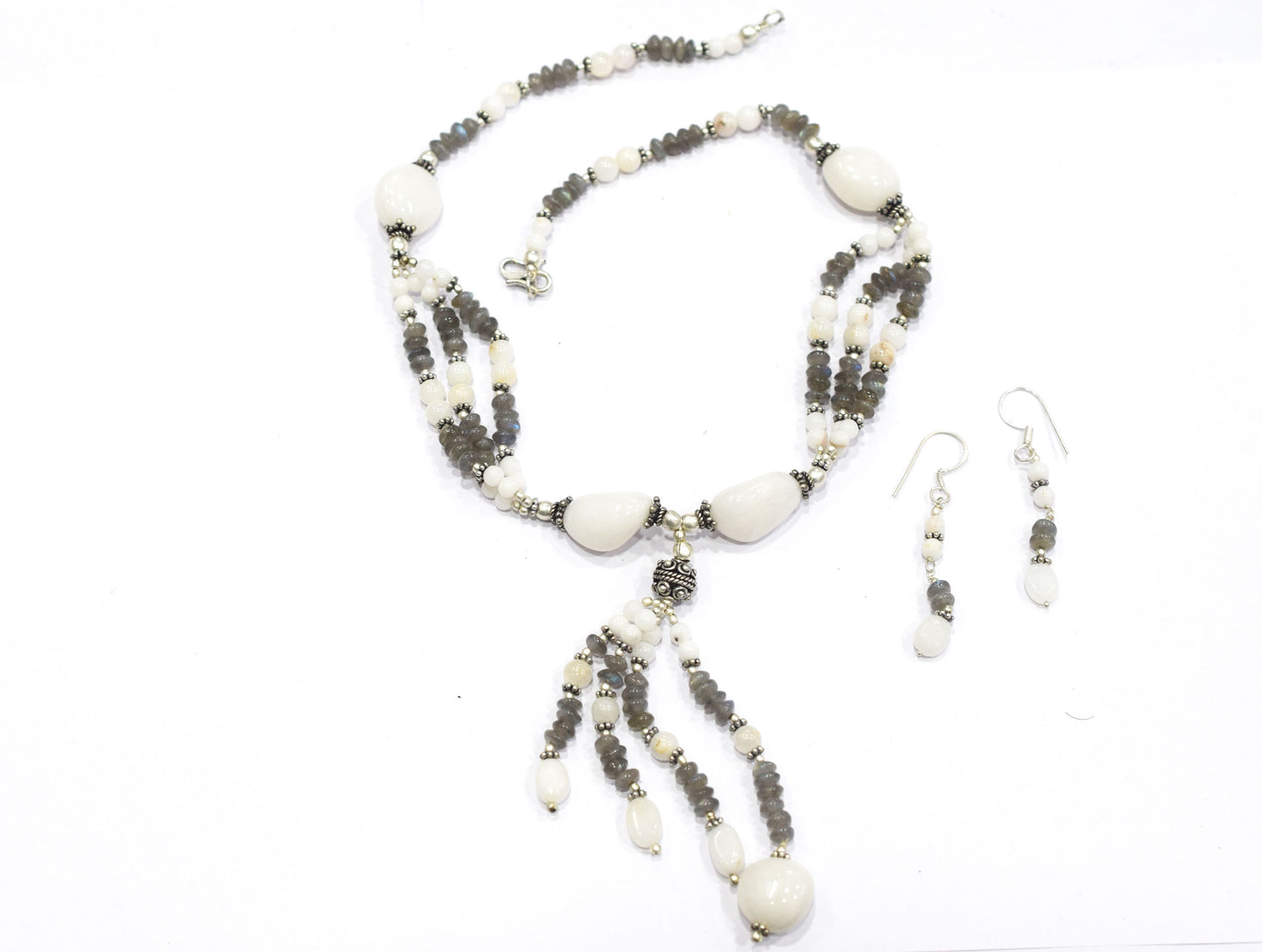 Natural Labradorite and White Agate Jewelry Set – Multi-Strand Statement Necklace & Earrings,32947