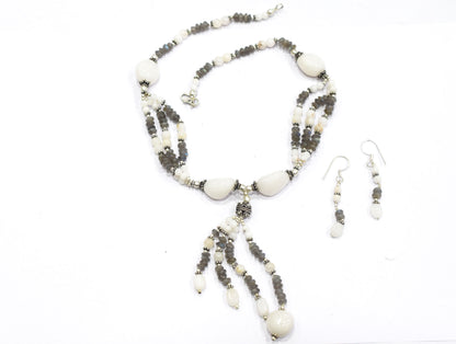Natural Labradorite and White Agate Jewelry Set – Multi-Strand Statement Necklace & Earrings,32947