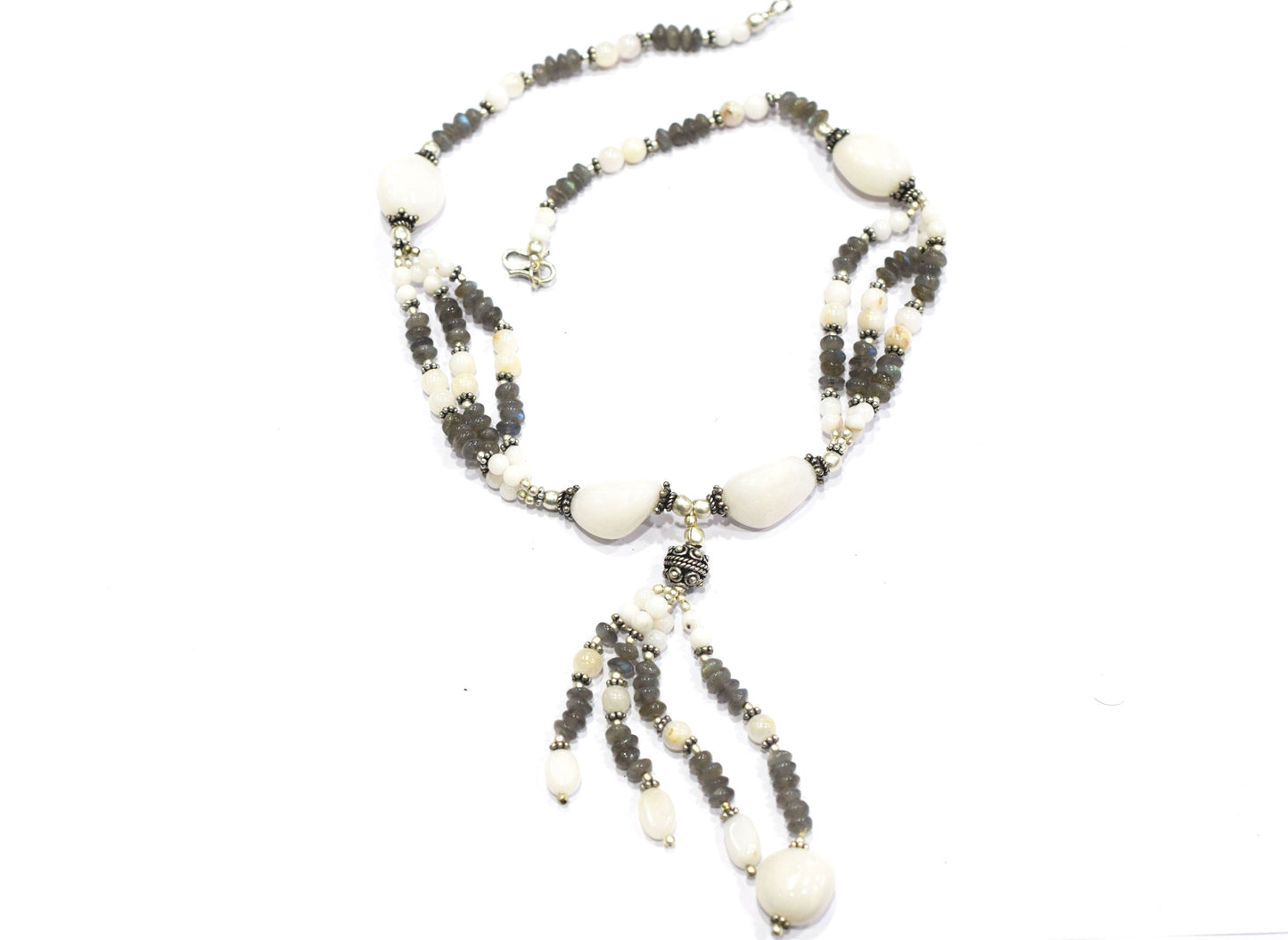 Natural Labradorite and White Agate Jewelry Set – Multi-Strand Statement Necklace & Earrings,32947