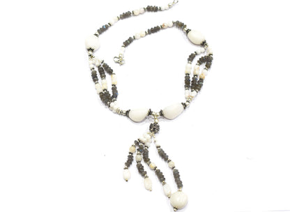 Natural Labradorite and White Agate Jewelry Set – Multi-Strand Statement Necklace & Earrings,32947