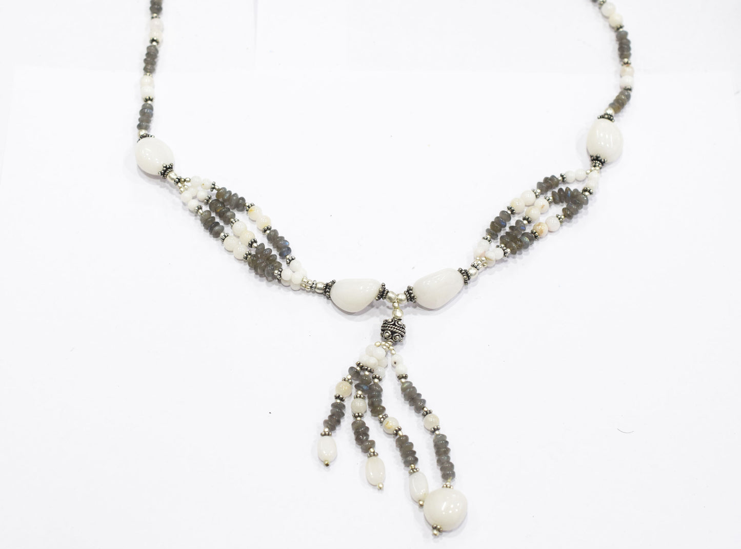 Natural Labradorite and White Agate Jewelry Set – Multi-Strand Statement Necklace & Earrings,32947