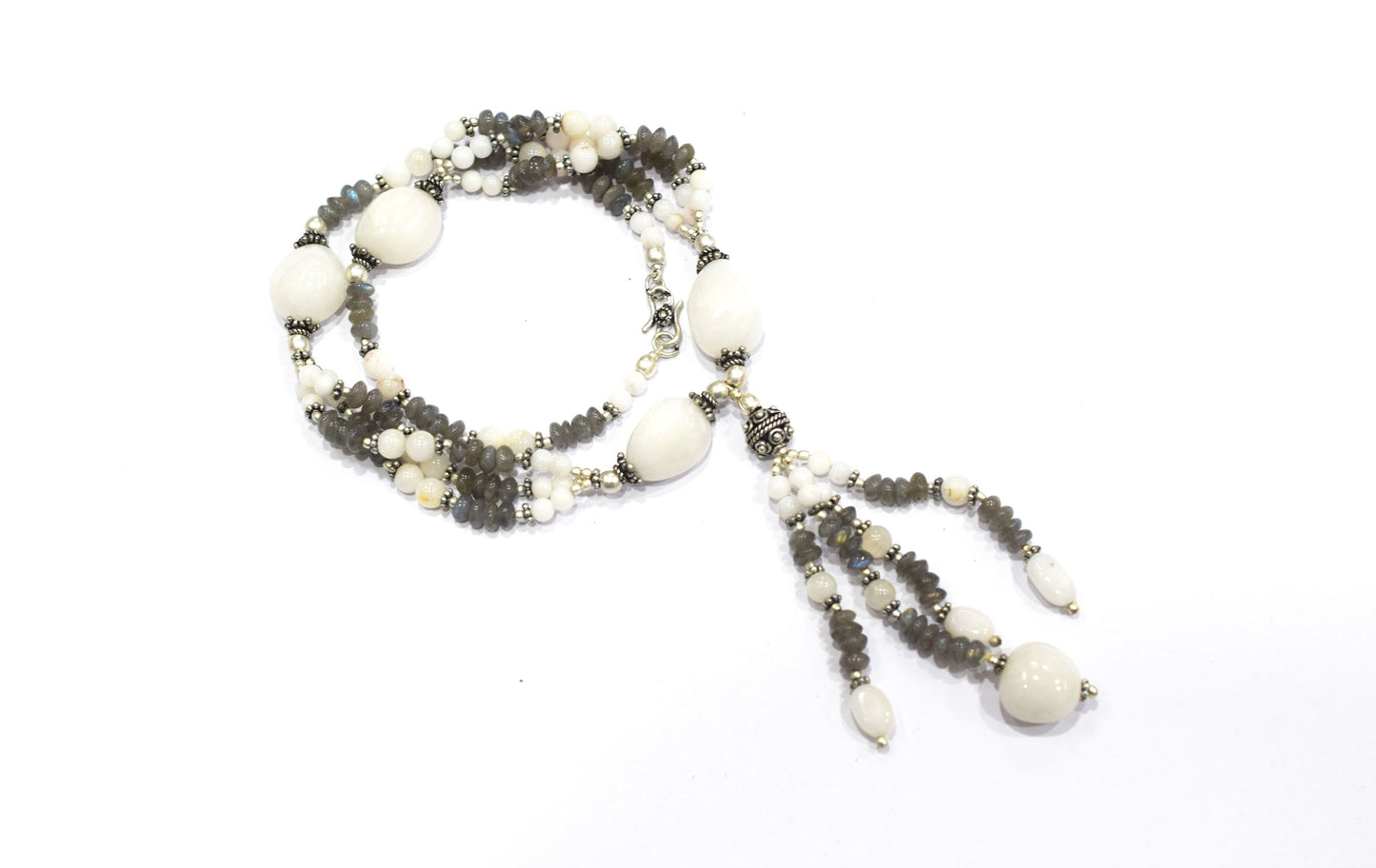 Natural Labradorite and White Agate Jewelry Set – Multi-Strand Statement Necklace & Earrings,32947