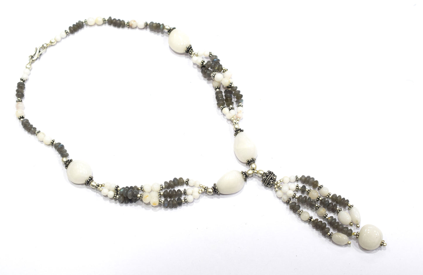 Natural Labradorite and White Agate Jewelry Set – Multi-Strand Statement Necklace & Earrings,32947