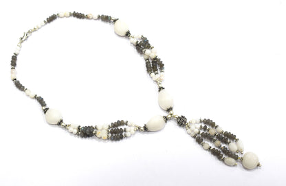Natural Labradorite and White Agate Jewelry Set – Multi-Strand Statement Necklace & Earrings,32947