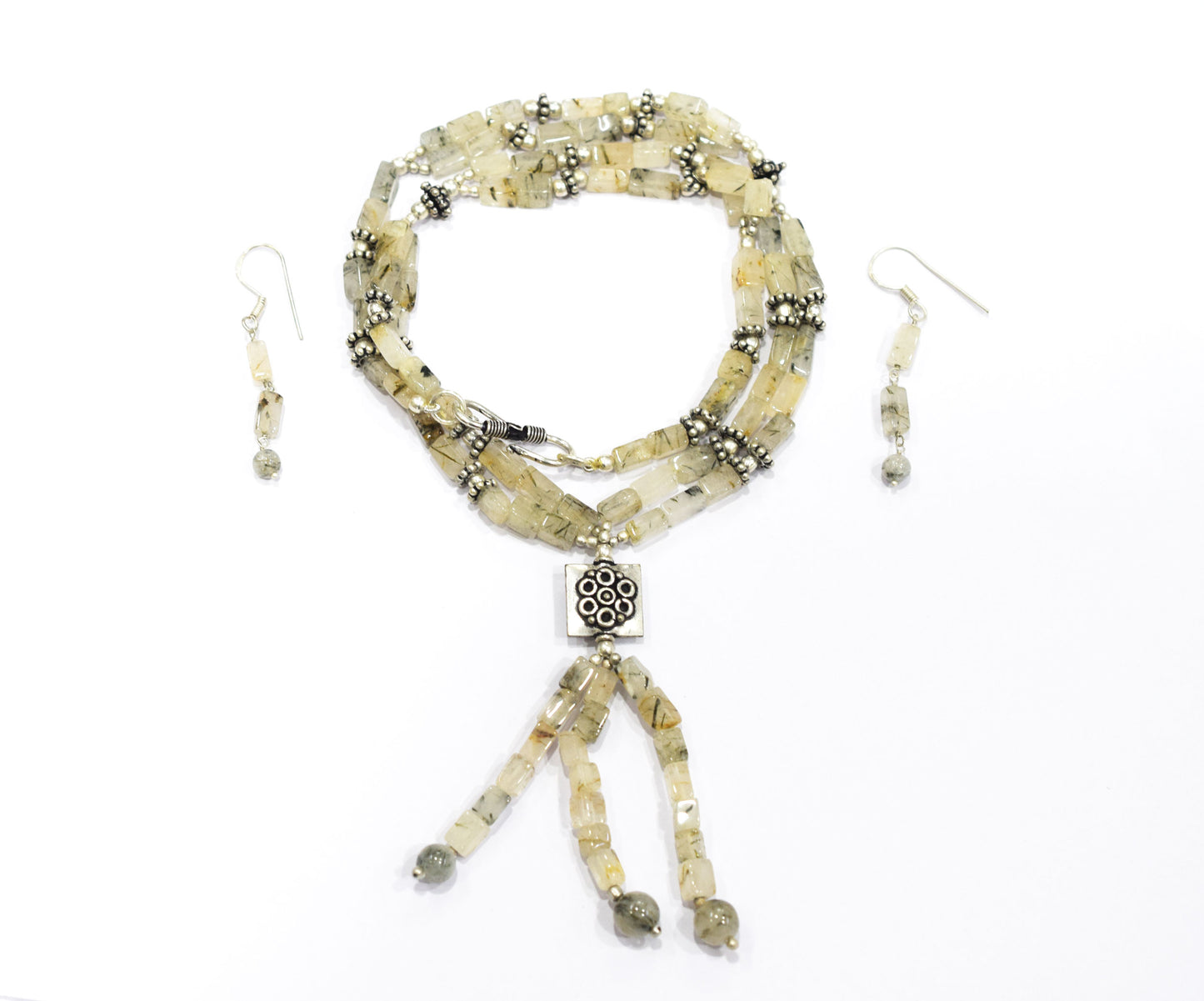 Natural Rutilated Quartz Jewelry Set – Multi-Strand Golden Rutile Necklace & Earrings,32948