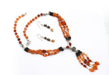 Natural Carnelian and Smoky Quartz Jewelry Set – Multi-Strand Gemstone Tassel Necklace & Earrings,32949