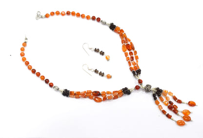 Natural Carnelian and Smoky Quartz Jewelry Set – Multi-Strand Gemstone Tassel Necklace & Earrings,32949