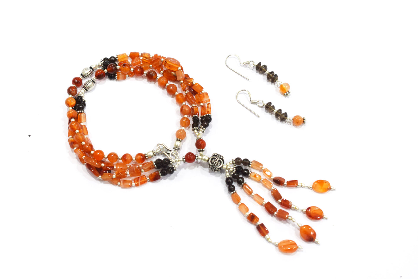 Natural Carnelian and Smoky Quartz Jewelry Set – Multi-Strand Gemstone Tassel Necklace & Earrings,32949