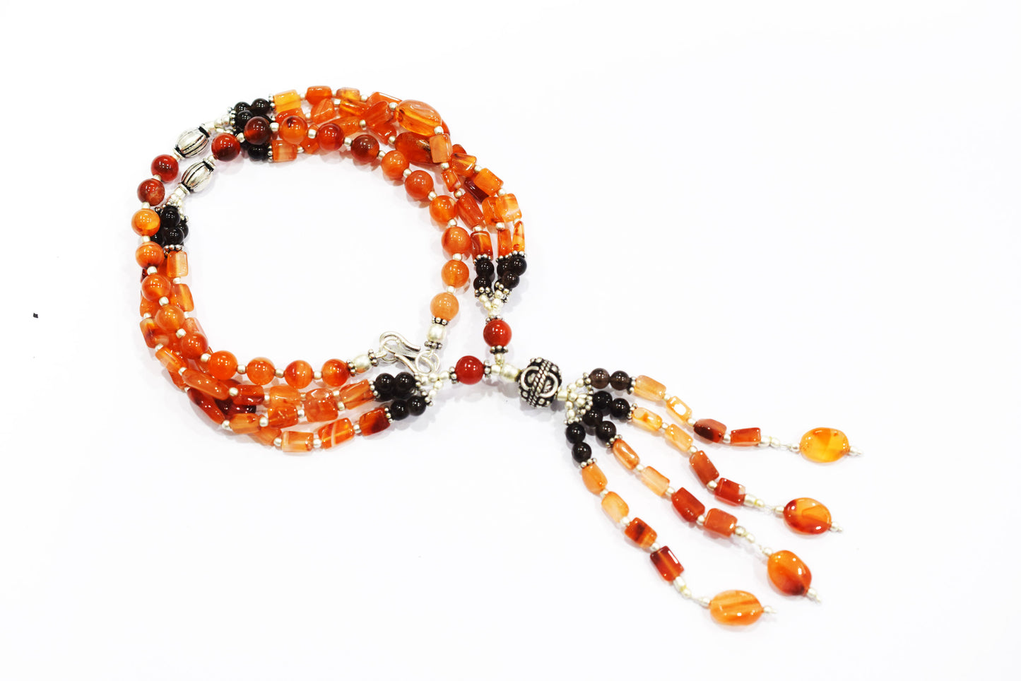 Natural Carnelian and Smoky Quartz Jewelry Set – Multi-Strand Gemstone Tassel Necklace & Earrings,32949