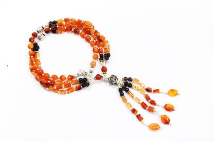Natural Carnelian and Smoky Quartz Jewelry Set – Multi-Strand Gemstone Tassel Necklace & Earrings,32949