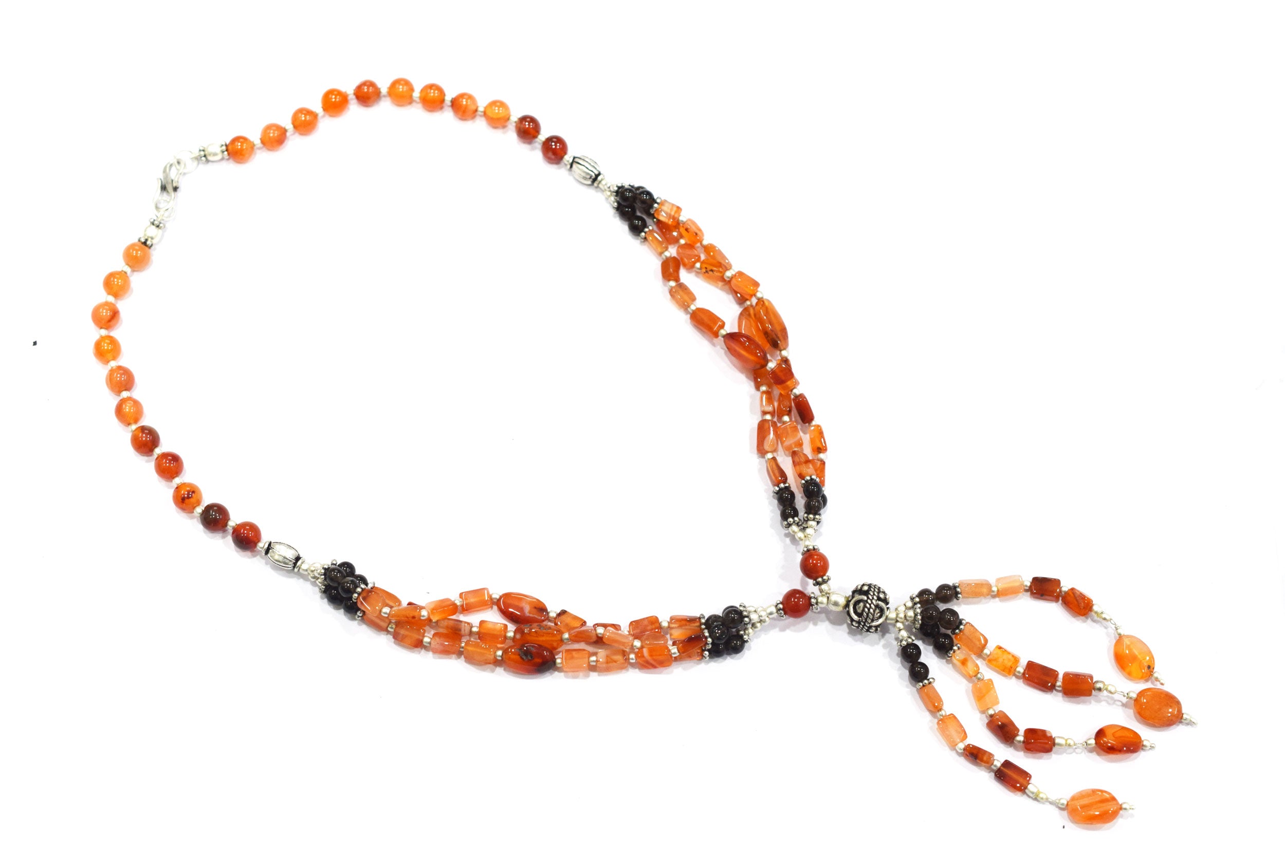 Natural Carnelian and Smoky Quartz Jewelry Set – Multi-Strand Gemstone Tassel Necklace & Earrings,32949