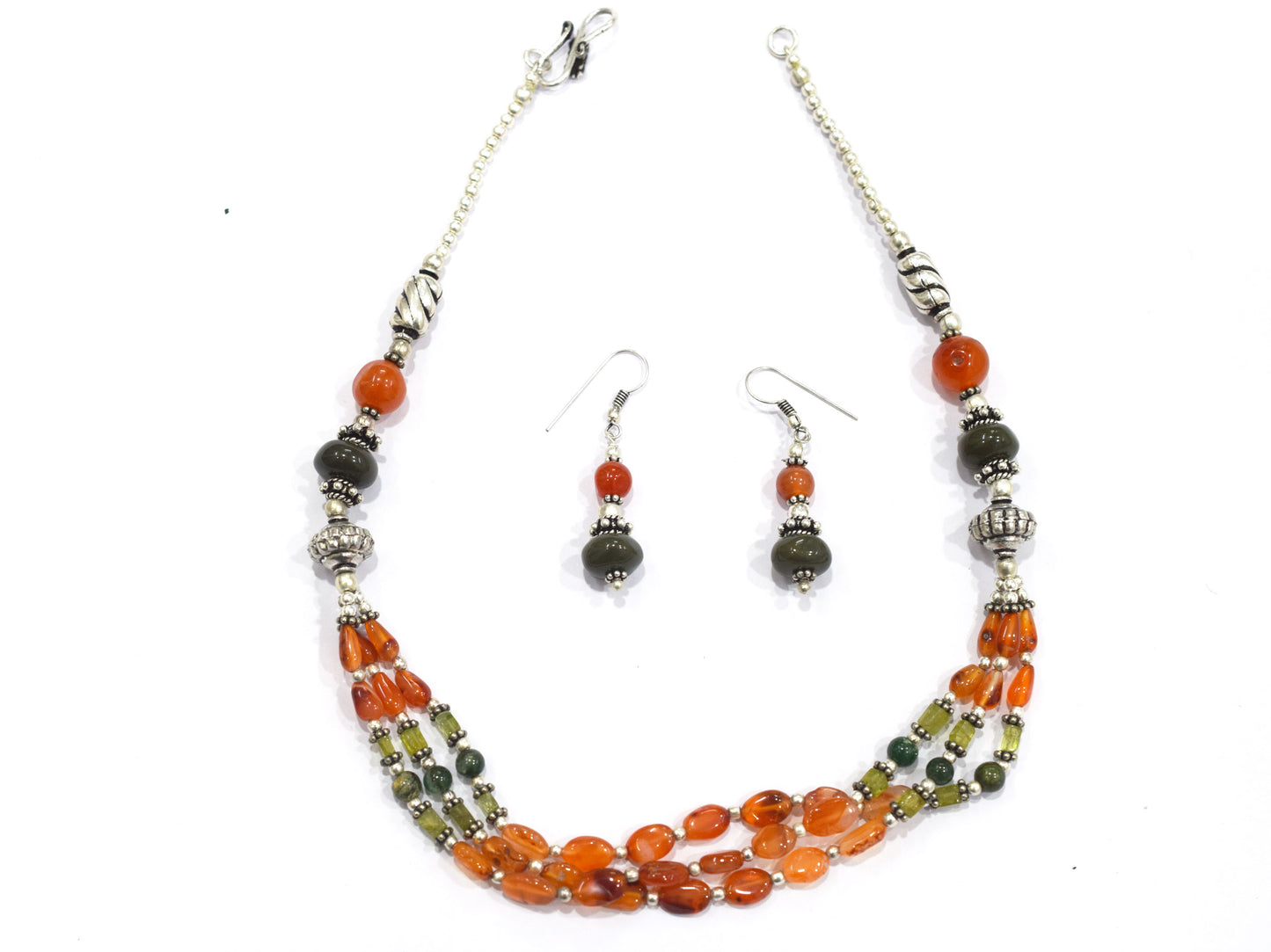 Natural Boulder Opal, Carnelian, Green Aventurine & Peridot Gemstone Multi-Strand Necklace Set,32950