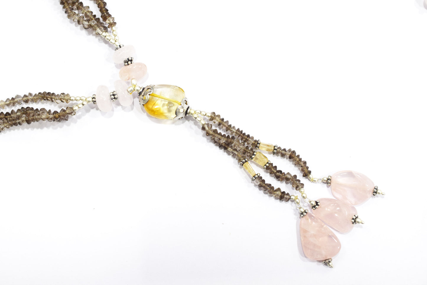 Natural Citrine, Rose Quartz & Smoky Quartz Jewelry Set – Multi-Strand Tassel Necklace & Earrings,32951