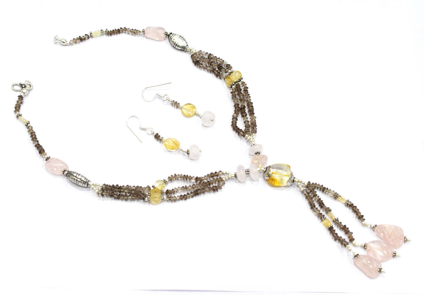 Natural Citrine, Rose Quartz & Smoky Quartz Jewelry Set – Multi-Strand Tassel Necklace & Earrings,32951