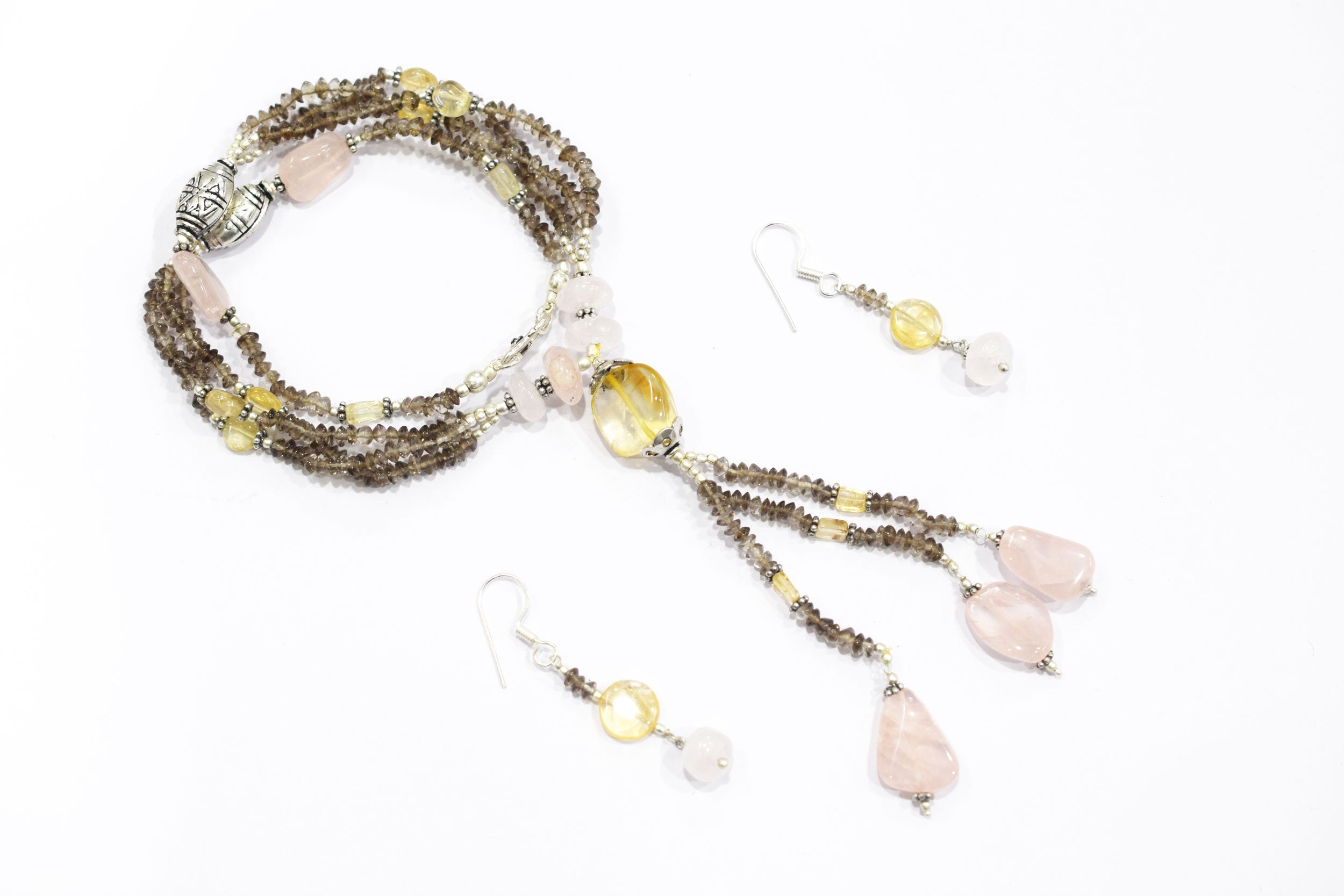 Natural Citrine, Rose Quartz & Smoky Quartz Jewelry Set – Multi-Strand Tassel Necklace & Earrings,32951