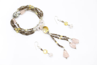 Natural Citrine, Rose Quartz & Smoky Quartz Jewelry Set – Multi-Strand Tassel Necklace & Earrings,32951