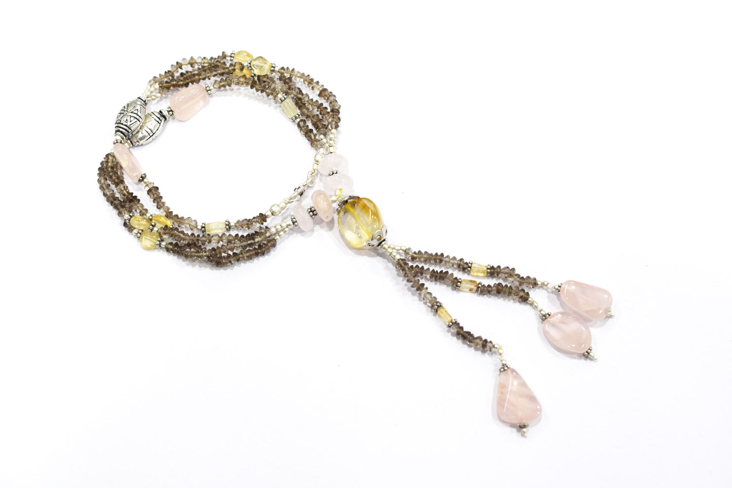 Natural Citrine, Rose Quartz & Smoky Quartz Jewelry Set – Multi-Strand Tassel Necklace & Earrings,32951