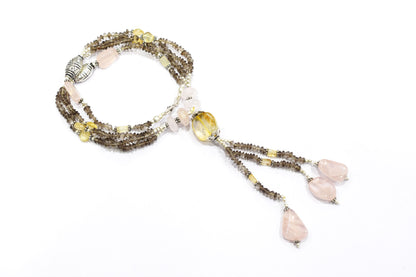 Natural Citrine, Rose Quartz & Smoky Quartz Jewelry Set – Multi-Strand Tassel Necklace & Earrings,32951