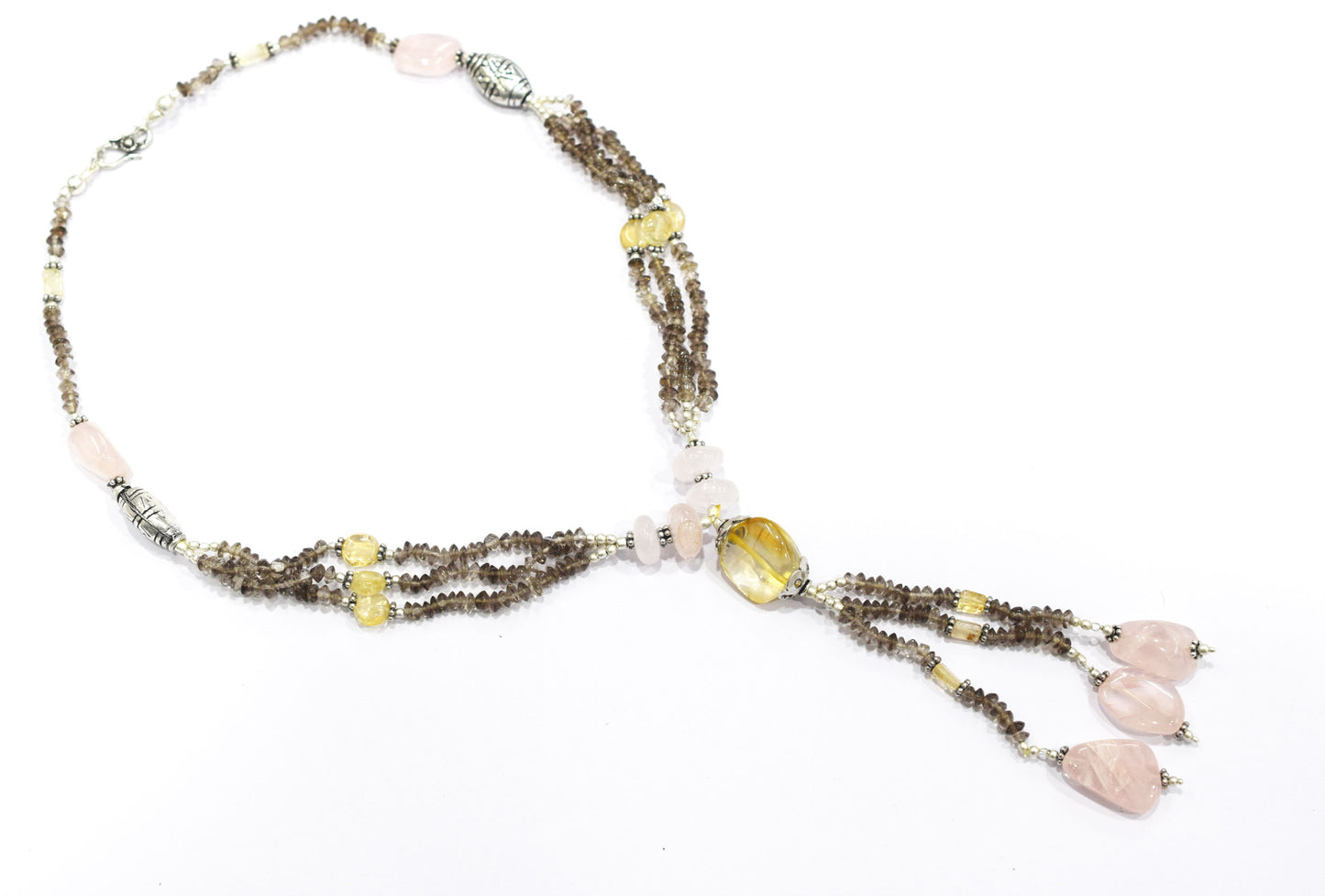 Natural Citrine, Rose Quartz & Smoky Quartz Jewelry Set – Multi-Strand Tassel Necklace & Earrings,32951