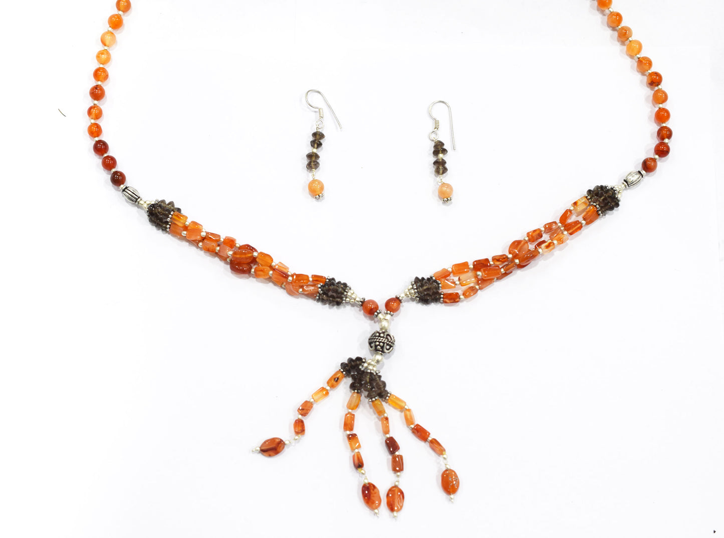 Natural Carnelian & Smoky Quartz Jewelry Set – Multi-Strand Statement Tassel Necklace with Earrings,32952