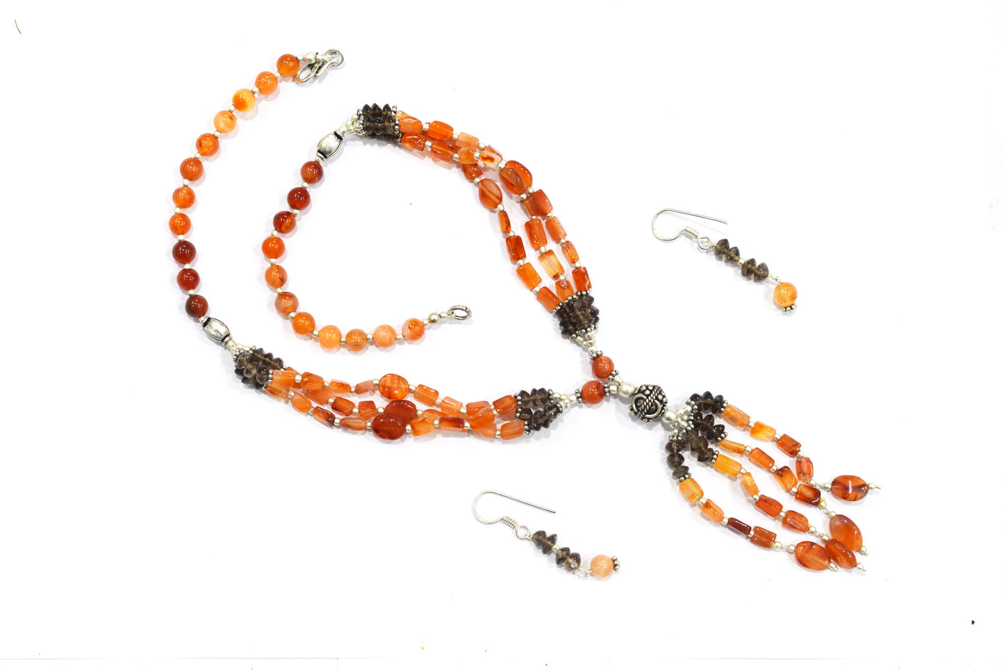 Natural Carnelian & Smoky Quartz Jewelry Set – Multi-Strand Statement Tassel Necklace with Earrings,32952