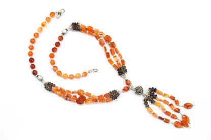 Natural Carnelian & Smoky Quartz Jewelry Set – Multi-Strand Statement Tassel Necklace with Earrings,32952