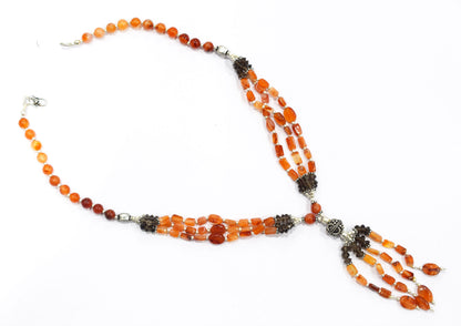 Natural Carnelian & Smoky Quartz Jewelry Set – Multi-Strand Statement Tassel Necklace with Earrings,32952