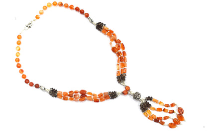 Natural Carnelian & Smoky Quartz Jewelry Set – Multi-Strand Statement Tassel Necklace with Earrings,32952