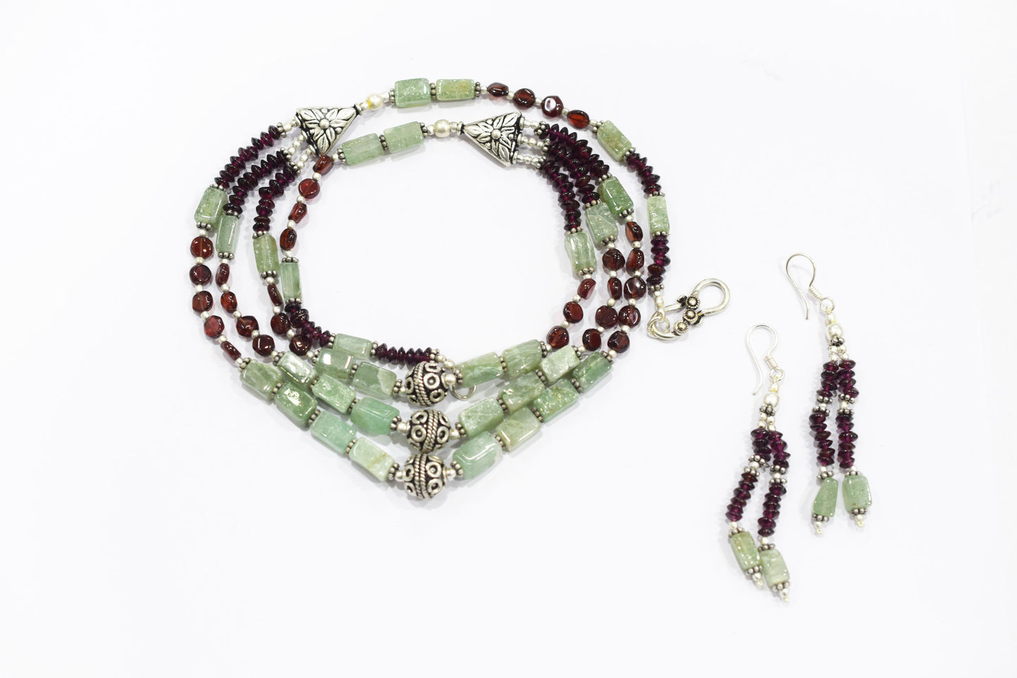 Natural Green Aventurine and Garnet Jewelry Set – Multi-Strand Gemstone Statement Necklace & Earrings,32953