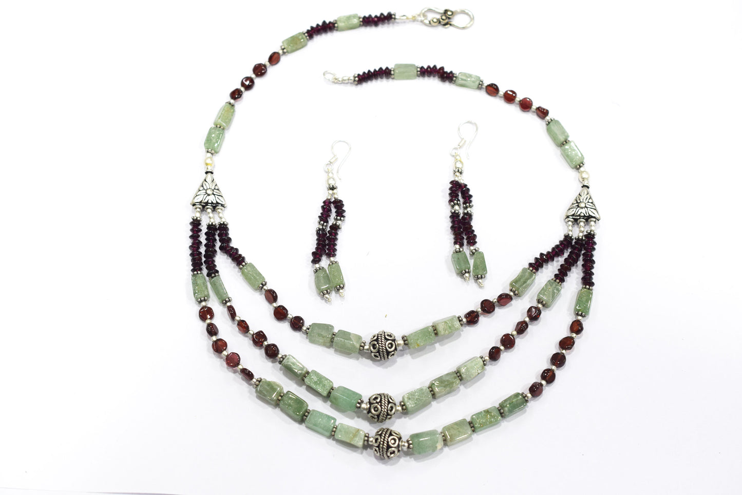 Natural Green Aventurine and Garnet Jewelry Set – Multi-Strand Gemstone Statement Necklace & Earrings,32953