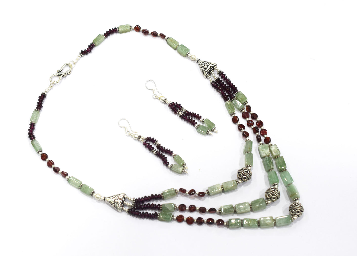 Natural Green Aventurine and Garnet Jewelry Set – Multi-Strand Gemstone Statement Necklace & Earrings,32953