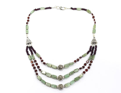 Natural Green Aventurine and Garnet Jewelry Set – Multi-Strand Gemstone Statement Necklace & Earrings,32953
