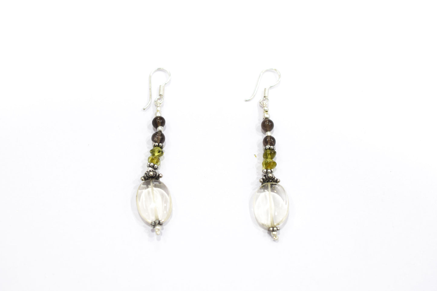 Natural Peridot, Smoky Quartz & Clear Crystal Jewelry Set – Double-Strand Statement Necklace & Earrings,32954