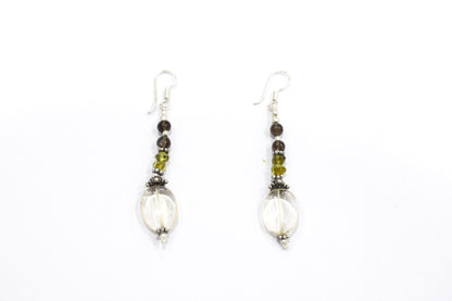 Natural Peridot, Smoky Quartz & Clear Crystal Jewelry Set – Double-Strand Statement Necklace & Earrings,32954