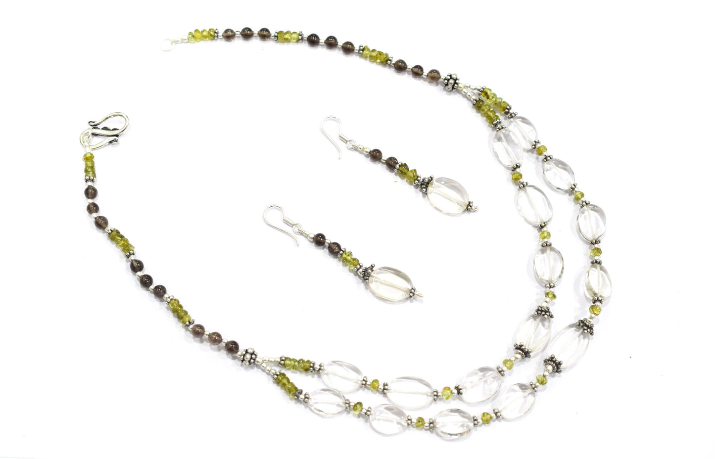 Natural Peridot, Smoky Quartz & Clear Crystal Jewelry Set – Double-Strand Statement Necklace & Earrings,32954