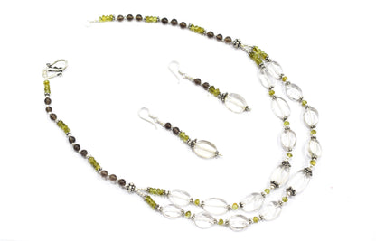 Natural Peridot, Smoky Quartz & Clear Crystal Jewelry Set – Double-Strand Statement Necklace & Earrings,32954