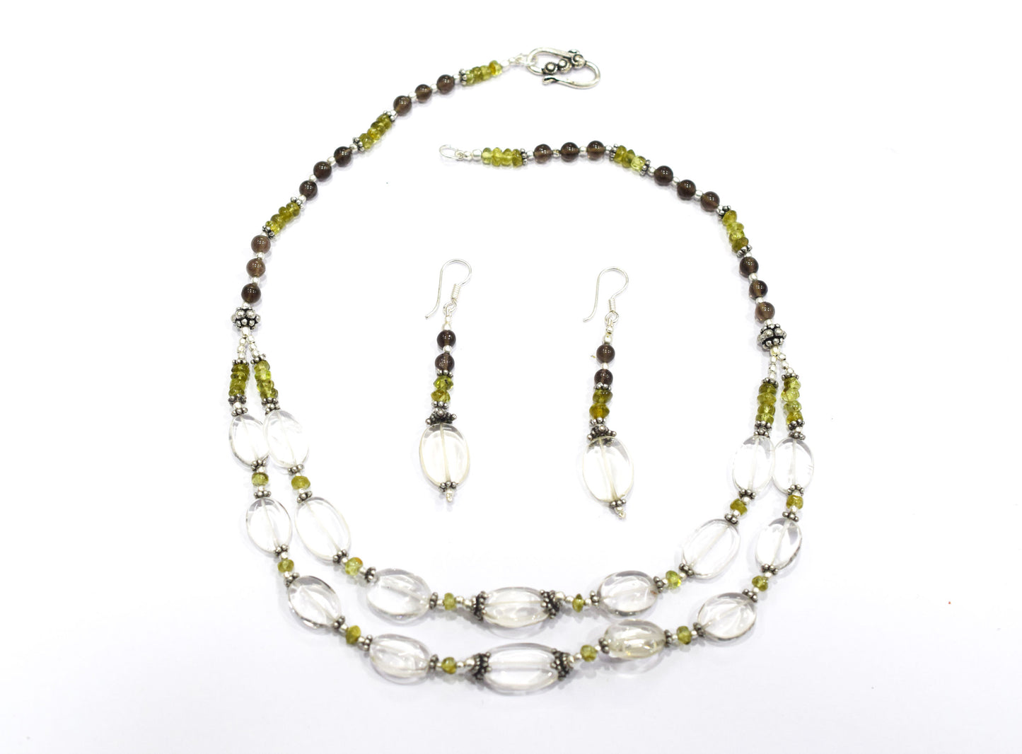 Natural Peridot, Smoky Quartz & Clear Crystal Jewelry Set – Double-Strand Statement Necklace & Earrings,32954
