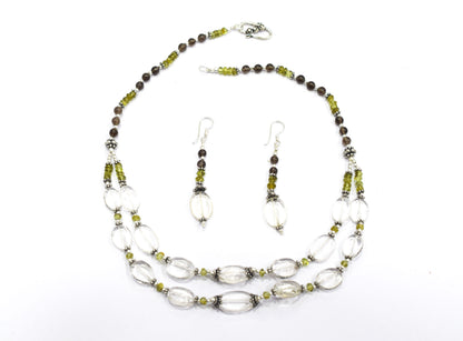 Natural Peridot, Smoky Quartz & Clear Crystal Jewelry Set – Double-Strand Statement Necklace & Earrings,32954