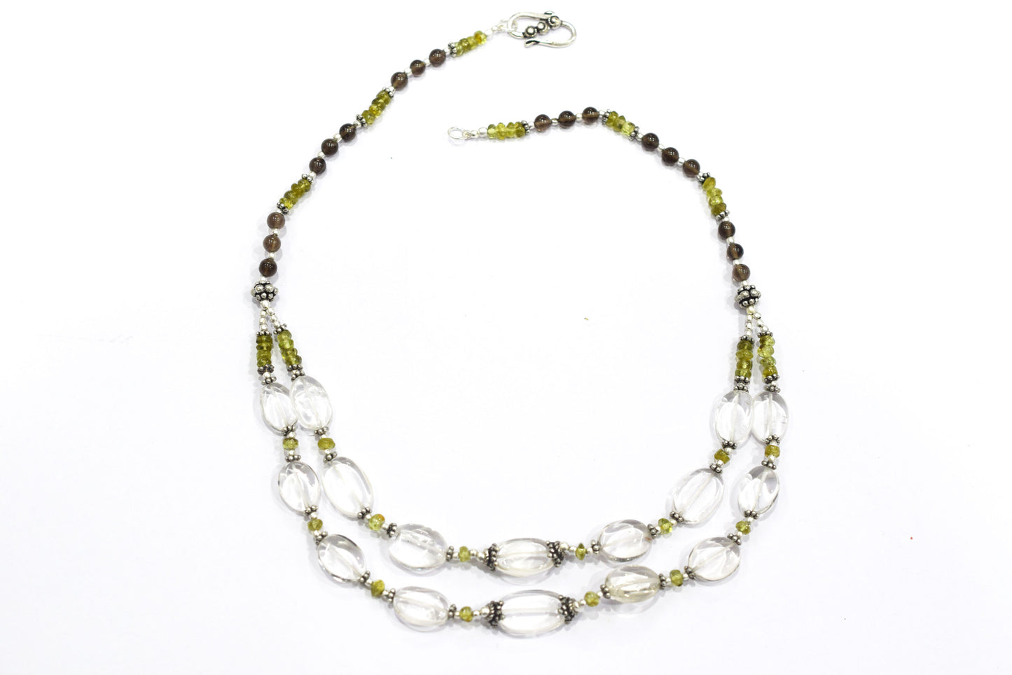 Natural Peridot, Smoky Quartz & Clear Crystal Jewelry Set – Double-Strand Statement Necklace & Earrings,32954