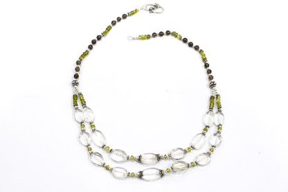 Natural Peridot, Smoky Quartz & Clear Crystal Jewelry Set – Double-Strand Statement Necklace & Earrings,32954
