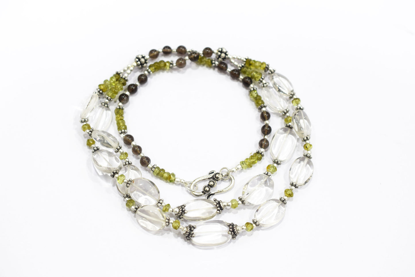 Natural Peridot, Smoky Quartz & Clear Crystal Jewelry Set – Double-Strand Statement Necklace & Earrings,32954