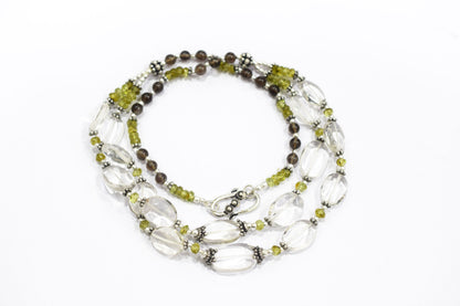 Natural Peridot, Smoky Quartz & Clear Crystal Jewelry Set – Double-Strand Statement Necklace & Earrings,32954