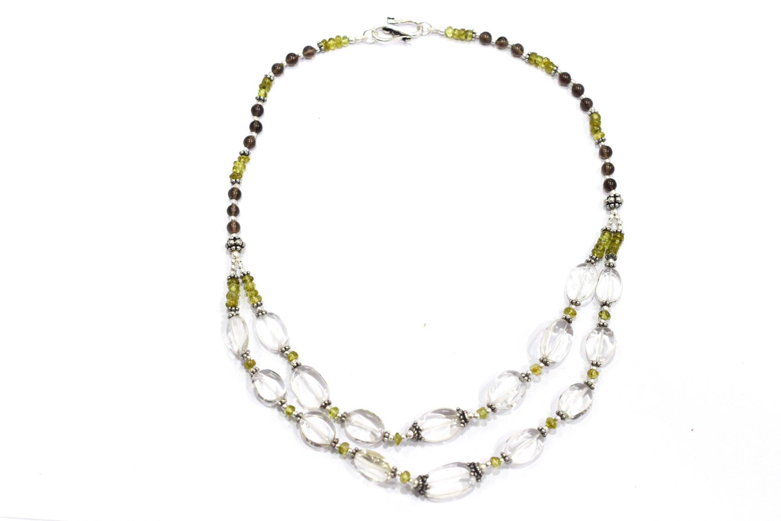 Natural Peridot, Smoky Quartz & Clear Crystal Jewelry Set – Double-Strand Statement Necklace & Earrings,32954